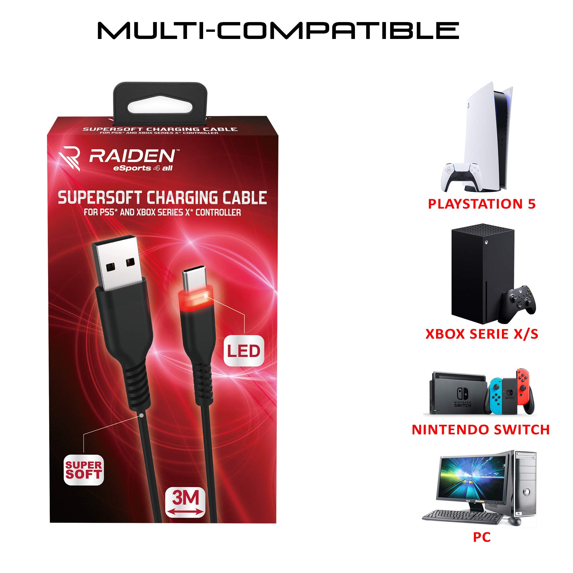 Subsonic Raiden - Cable Usb C De Carga Y Transferencia, Supersoft Anti Nudos De 3 Metros, RetroiluminacióN Led Para El Mando ( PS5 - ) Subsonic Raiden - Cable Usb C De Carga Y Transferencia, Supersoft Anti Nudos De 3 Metros, RetroiluminacióN Led Para El Mando ( PS5 - )